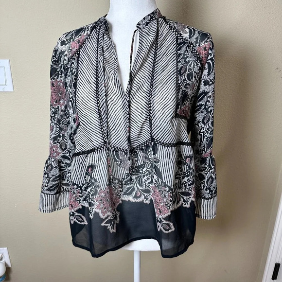 LUCKY BRAND Sheer V Neck Stripe & Floral Blouse Top Trumpet Sleeve - size Medium - Picture 2 of 10